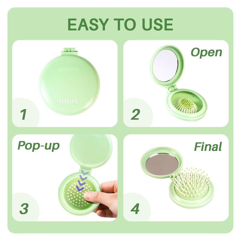 RHOS Folding Brush with Mirror - Compact, Portable and Foldable for Travel, Suitable for Women, Men, and Kids (Green) - Image 3